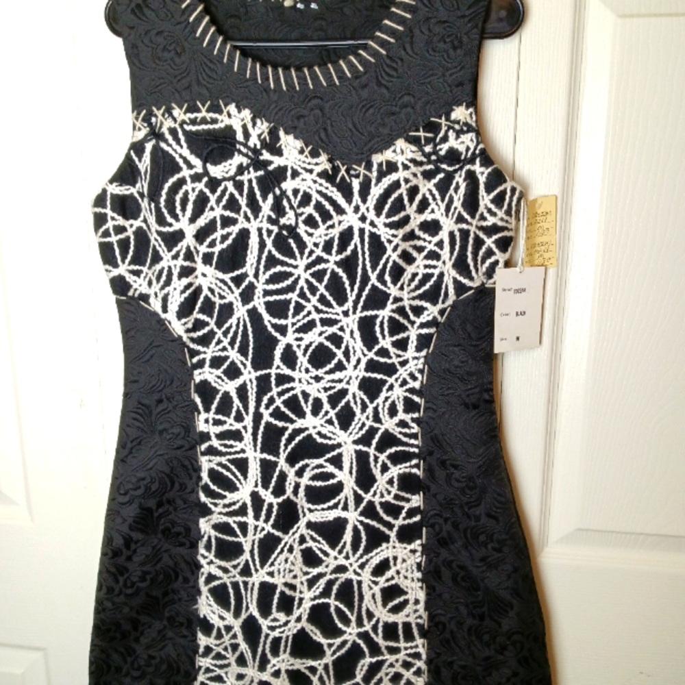 NWT Paparazzi by Biz Dress M  Wool Blend Black Cream Sheath Embroidered Heavy